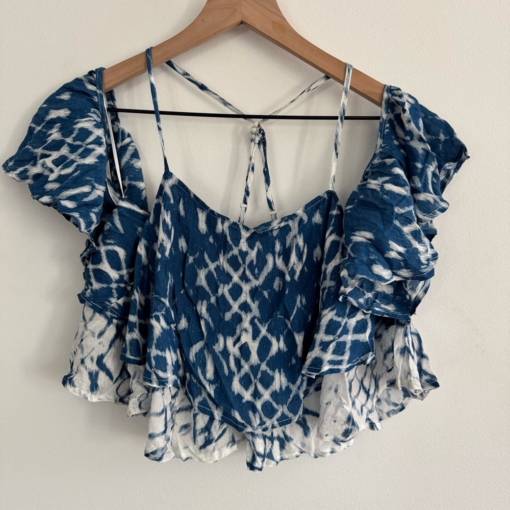 Surf Gypsy Blue and White Ruffled Bohemian Crop Beach Top NWT Size Small
